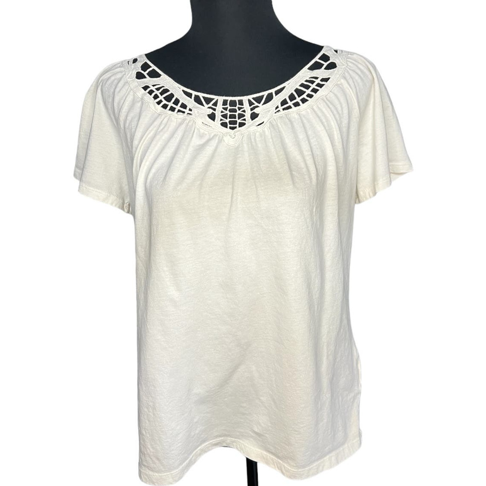 Jones New York Women’s Cream Crochet Neck Tee Large 100% Cotton Short Sleeve Top - Picture 2 of 6